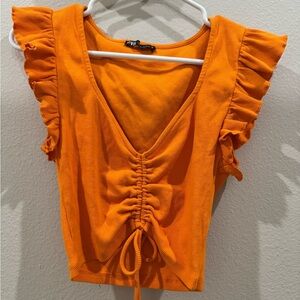 Zara Orange Ruffled Flutter Sleeve Crop Top with Ruched Detail Vacation Size M